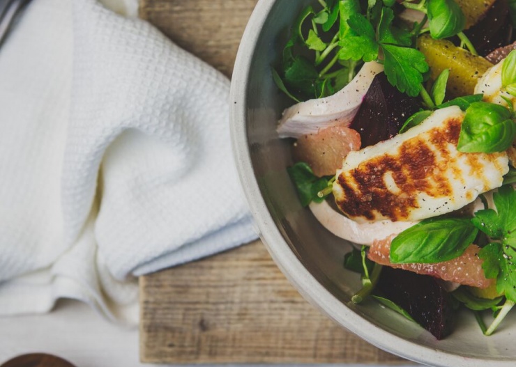 Grilled Haloumi with Chicken, watercress, beetroot and citrus salad
