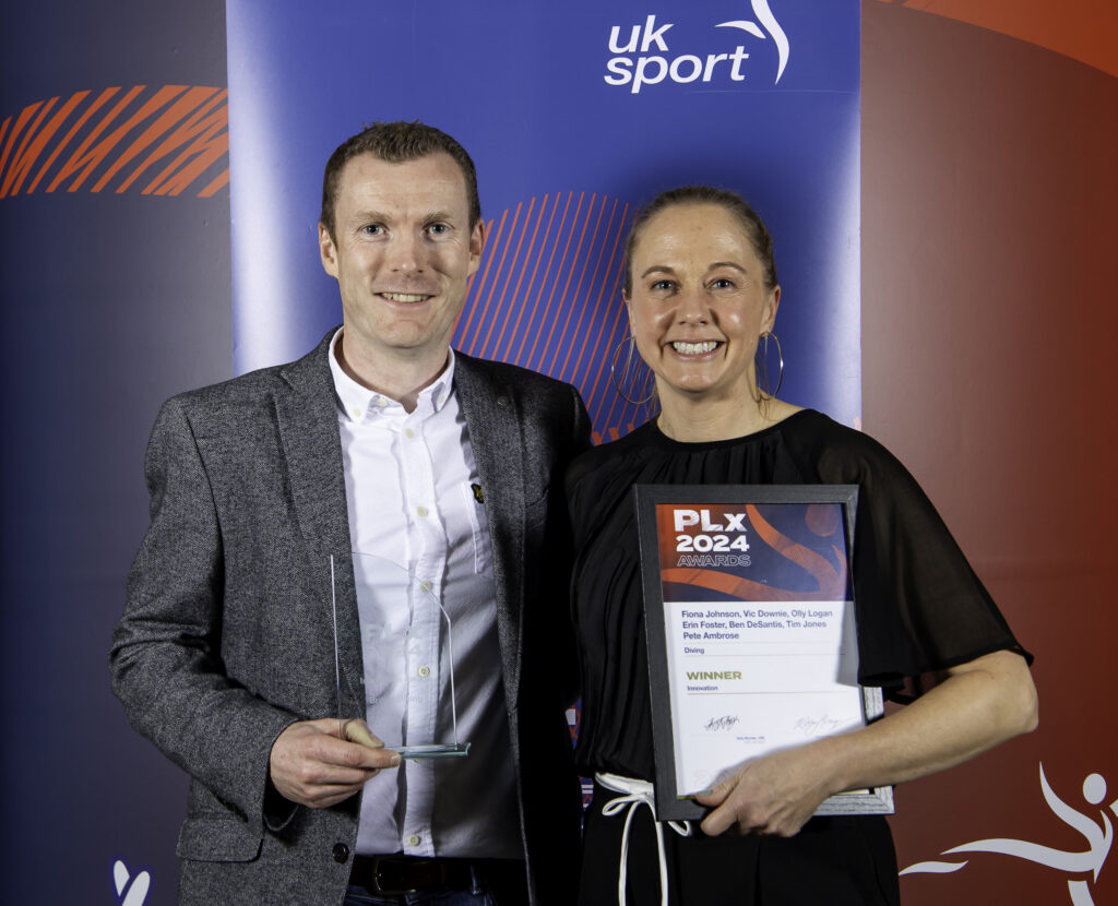 Fiona Johnson collecting the Innovation Award at UK Sport's PLx Awards.